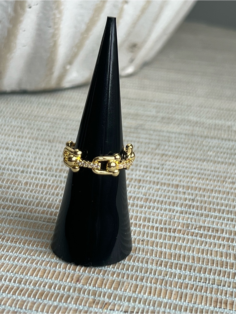 Adjustable Gold  horseshoe Chain Link Crystal Accent Women's Ring